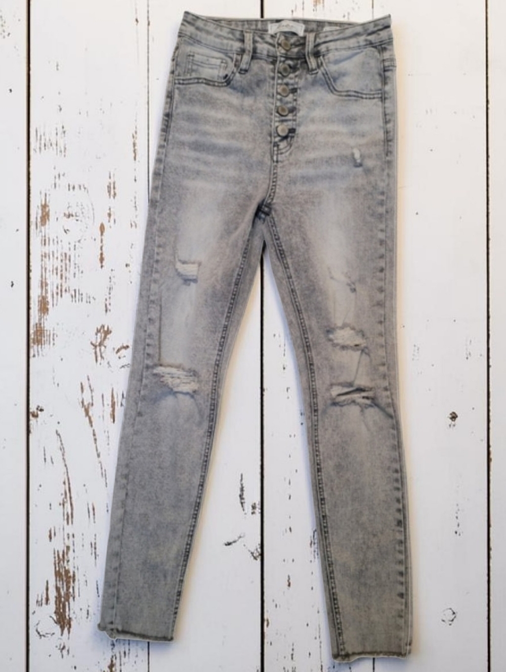 KanCan Ultra High Rise Distressed Button Fly Ankle Skinny Jeans Gray 25 3